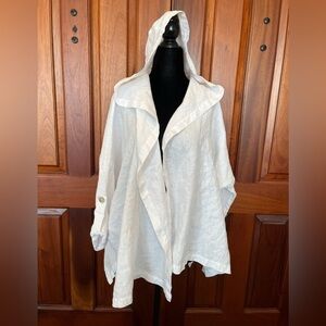 La. Fixsun White 100% linen Open Hoodie Oversized Jacket M Lagenlook Beach